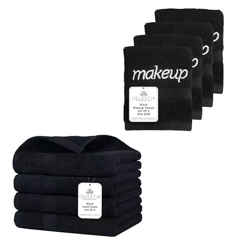100% Cotton Hand Towel Bundle - Ultra Absorbent & Quick Dry, Set of 8, Black