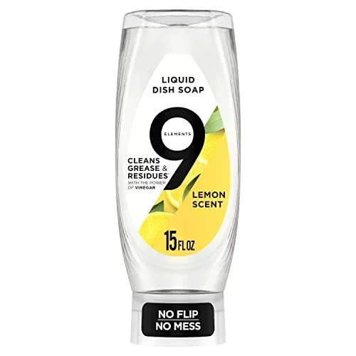 9 Elements Dish Soap - Cuts Grease & Hard Water, Vinegar-Powered, Lemon Scent - 15oz, 3 Pack