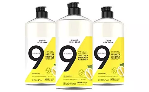 9 Elements Dishwashing Liquid - Cuts Grease, Vinegar-Powered, 100% Lemon Oil - 16oz (Pack of 3)