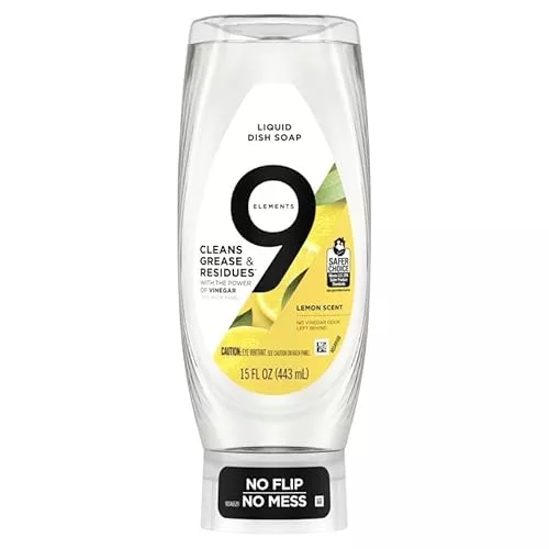 9 Elements EZ Squeeze Dish Soap - Powerful Grease Cutting, Lemon Scent - 15 oz Bottle