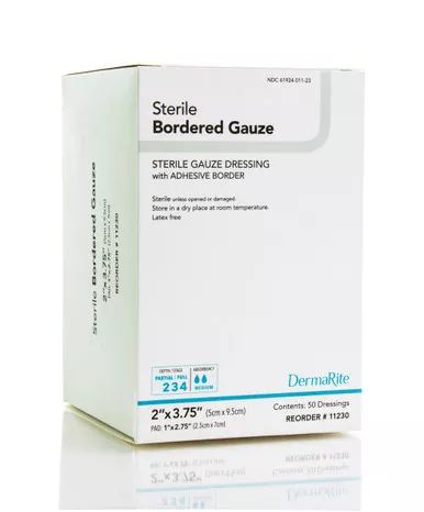 Adhesive Dressing DermaRite Bordered Gauze 2 X 3-3/4 Inch Square Sterile 50/BX