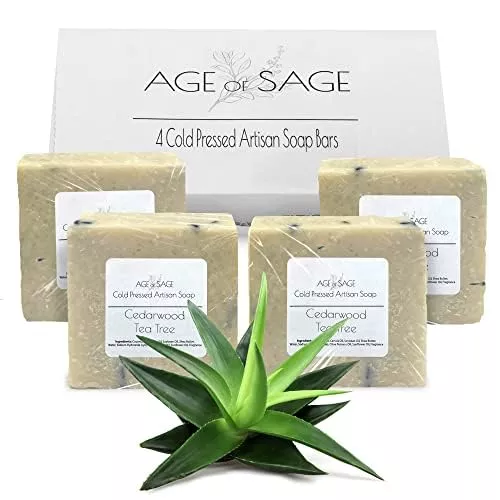 Age of Sage Handmade Bar Soap Gift Set - Moisturizing Cedarwood Tea Tree, 100% Organic - 4 Pack