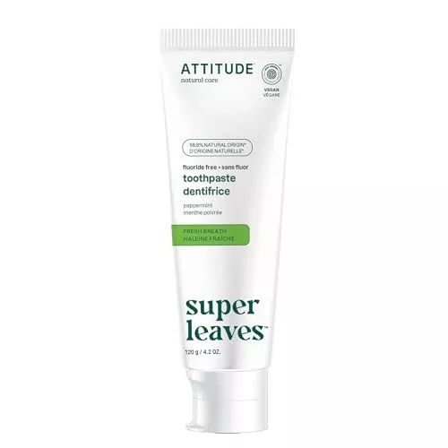ATTITUDE Fluoride-Free Toothpaste - Fresh Breath, Vegan & Biodegradable, Peppermint - 4.2 Oz