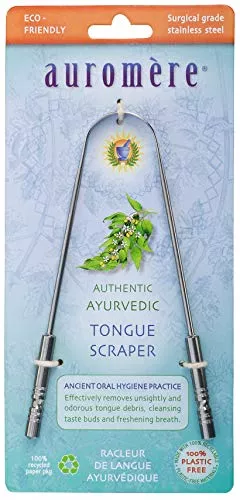 Auromere Tongue Scraper - Optimal Oral Hygiene, Eliminates Bad Breath - Stainless Steel, 1 Pack