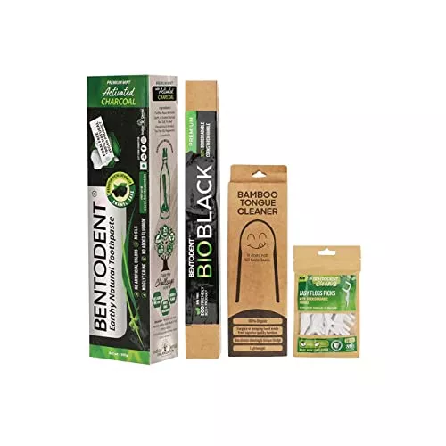 Bentodent Oral Care Set - Natural Teeth Whitening, Biodegradable Tools - Charcoal Paste & Floss