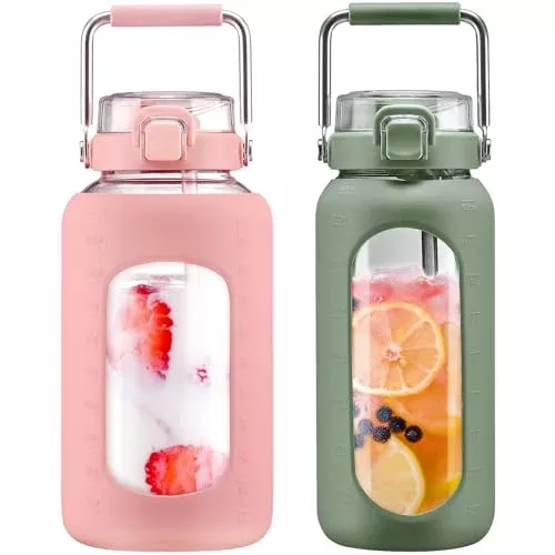 BLUEGO Glass Water Bottle - Large Capacity, Durable Stainless Steel Handle, BPA Free - 84oz & 64oz