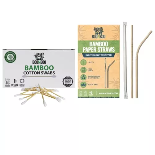 BOONBOO Bamboo Cotton Swabs & Straws - Biodegradable, Versatile Use - 600ct Swabs, 100ct Straws