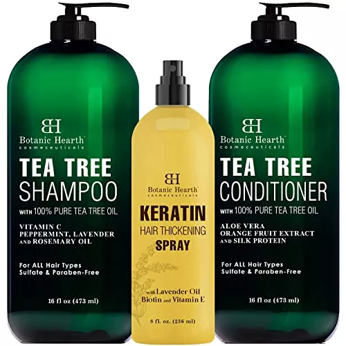 Botanic Hearth Hair Care Bundle - Volumizing Keratin Spray & Tea Tree Shampoo/Conditioner - 8oz/16oz