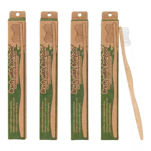 Brush with Bamboo Toothbrush - Soft Plant-Based Bristles, Compostable Packaging - 4 Pack