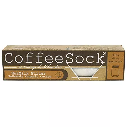 CoffeeSock Reusable 100% Organic Cotton NutMilk Filter - Reliable Filtration, Compostable - 64oz