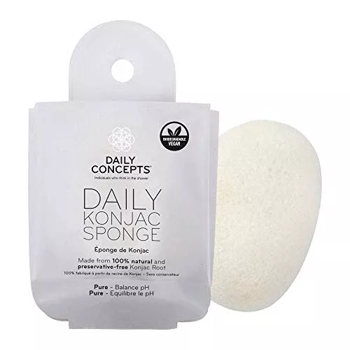 DAILY CONCEPTS Konjac Sponge - 100% Natural, pH Balancing, Functional Suction Cup - White