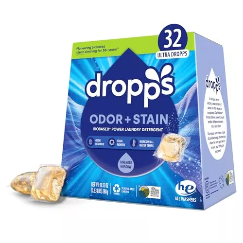 Dropps Laundry Detergent Pods - Powerful Stain Removal, Lavender Scent, Biobased Formula - 32 Count