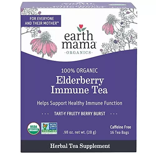 Earth Mama Organic Elderberry Tea - Immune Support with Echinacea, Decaf, 16 Count