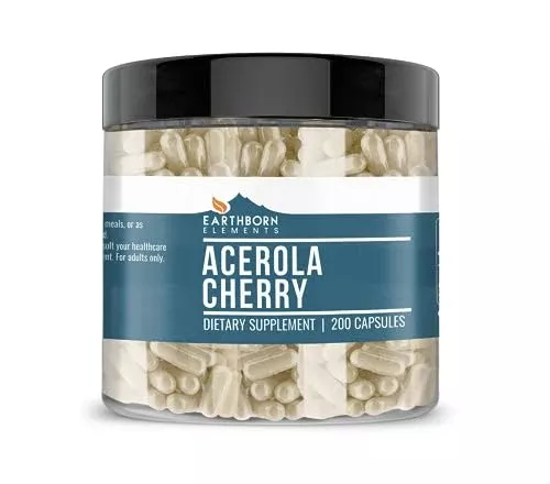 Earthborn Elements Vitamin C Capsules - Pure Acerola Cherry, No Additives - 200 Count