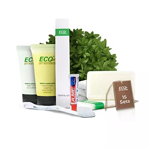 Eco Amenities Travel Toiletry Kit - 60 Natural Essentials, TSA Approved, 15 Sets
