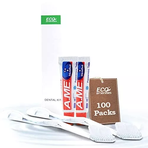 ECO Amenities Travel Toothbrush Kit - Recyclable, Mint Toothpaste - 100 Individually Wrapped Sets