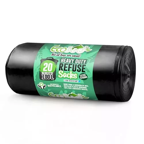 EcoBag Heavy Duty Trash Bags - 100L Leak Resistant, 98% Recycled Material - 20 Pack