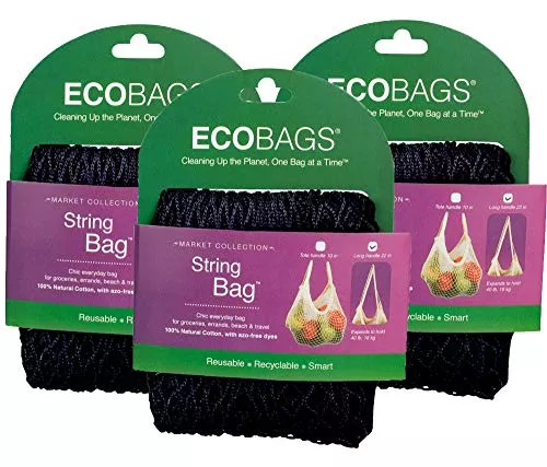 ECOBAGS Reusable String Bag - Biodegradable Cotton, GOTS Certified, Pack of 3, Black