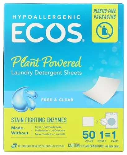 ECOS Laundry Detergent Sheets - Plant-Powered, Hypoallergenic, 50 Loads - Plastic-Free