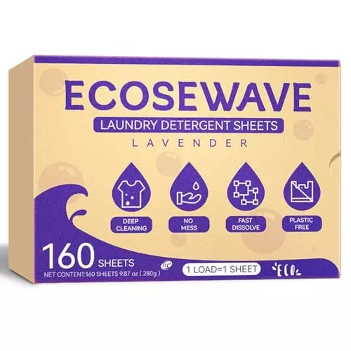 EcoseWave Laundry Detergent Sheets - Hypoallergenic, Lavender Scent, 160 Sheets for Travel
