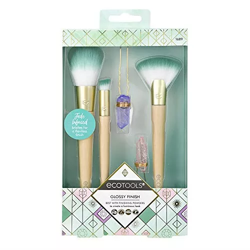 Ecotools Makeup Brush Set - Jade-Infused for Flawless Finish, Includes 2 Crystal Hairpins - Set of 5