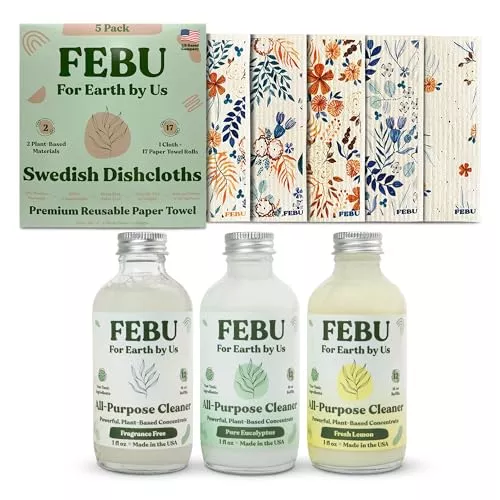 FEBU All Purpose Cleaner Bundle - Powerful Plant-Based Formula, Reusable Towels - 5 Pack