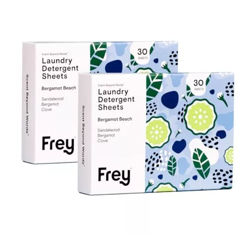 FREY Laundry Detergent Sheets - Deep Clean, Bergamot Beach Scent, Plant-Derived - 60 Sheets (2 Pack)