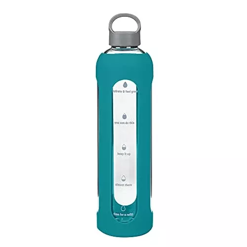 Goodful 32 Oz. Time Marker Water Bottle - Hydration Tracker, Leak Proof, BPA-Free Glass - Teal