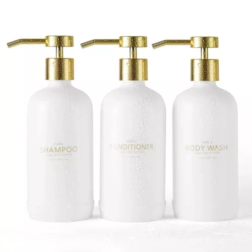 Janxin Shampoo & Conditioner Dispenser Set - Stylish, Refillable 21oz Bottles with Labels