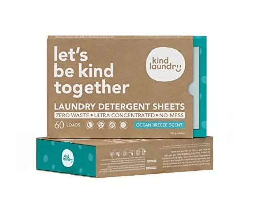 Kind Laundry Detergent Sheets - Powerful Stain Removal, Plant-Derived, Ocean Breeze - 60 Loads