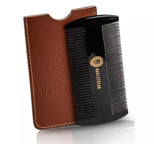 Man & Mane Dual-Action Beard & Mustache Comb - Anti-Static, Genuine Leather Case - 100% Oxhorn