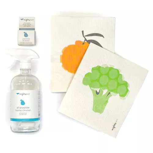 MightyNest Cleaning Essentials Set - Plant-Based Cleaner, Reusable Dish Cloths, 4-Piece Kit