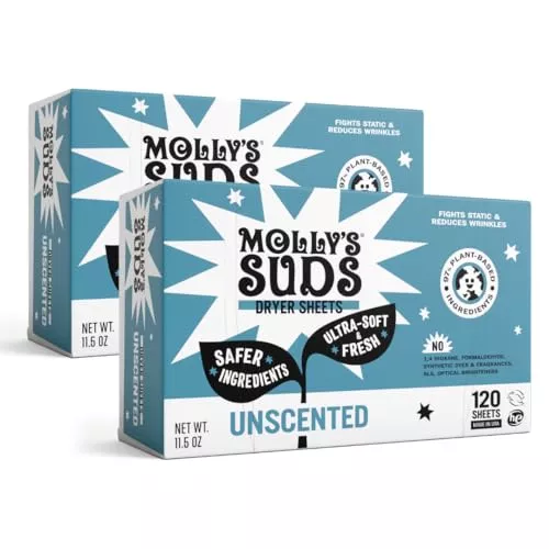 Molly's Suds Fabric Softener Dryer Sheets - Plant-Based Static Reducer, Unscented - 240 Sheets