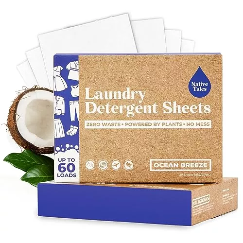 Nativ Tales Laundry Detergent Sheets - Plant-Based, Ocean Breeze Scent, 60 Loads, Compact