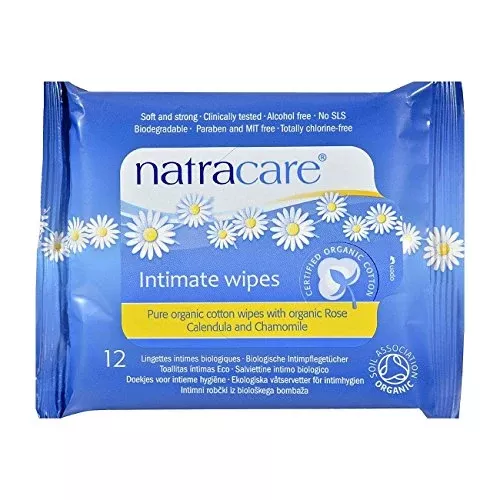 Natracare Organic Cotton Intimate Wipes - Gentle Cleanse, Dermatologically Tested - 12 Wipes