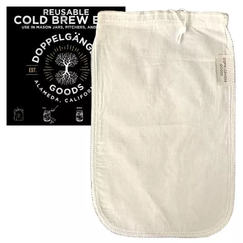 Organic Cotton Cold Brew Coffee Bag - Filters Grounds, Easy Drawstring - 8in x 12in