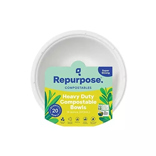 Repurpose Compostables Heavy Duty Bowls - 100% Compostable, Microwave Safe, 16 oz, 20 Count