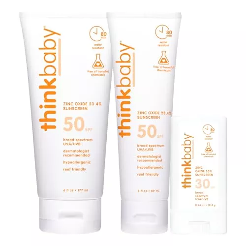 Thinkbaby Kids Sunscreen - SPF 50+ Broad Spectrum Protection, Water Resistant - 3oz, 6oz, Stick