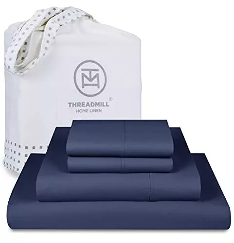 Threadmill Queen Bed Sheet Set - 1000 Thread Count Supima Cotton, Deep Pocket, Folkstone Blue