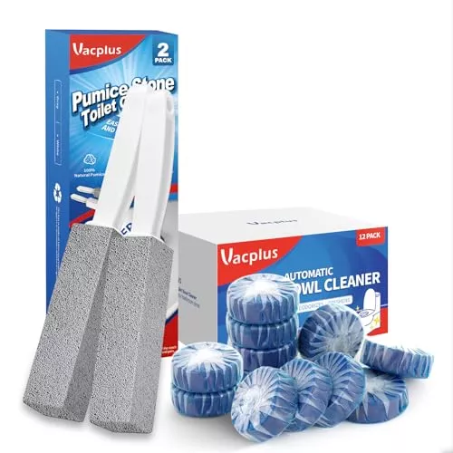 Vacplus Toilet Bowl Cleaner - Natural Pumice Stone & Automatic Tablets, 2 Pack + 12 Tablets