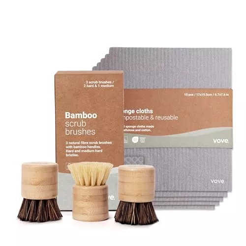 Vove Cleaning Essentials Set - 3 Natural Scrub Brushes & 6 Reusable Cloths - Biodegradable